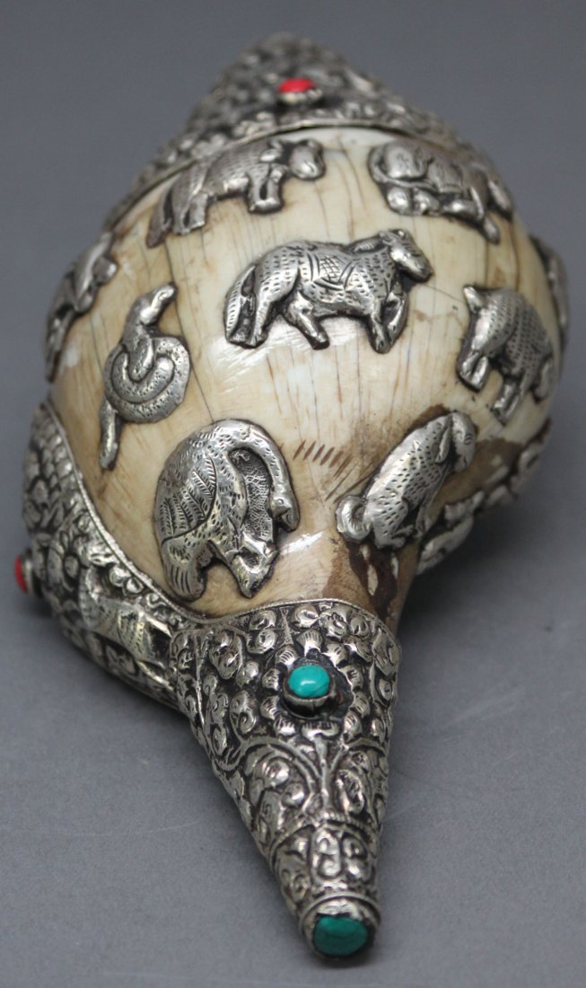 Nepalese Tibetan Silver Ceremonial Conch Shell Trumpet: 8", AF154, K3W76