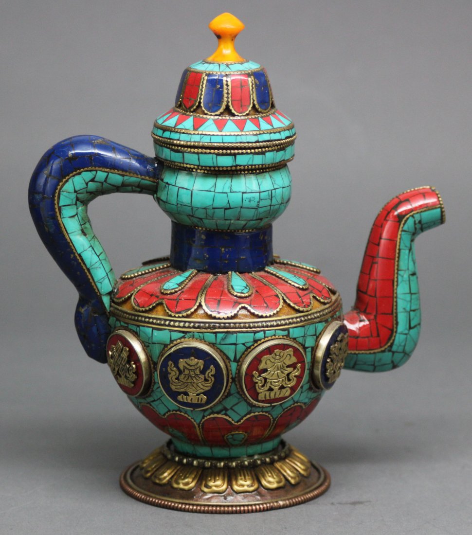 Nepal Ceremonial Teapot inlaid Turquoise Coral & Lapis: 7"Height, AF203