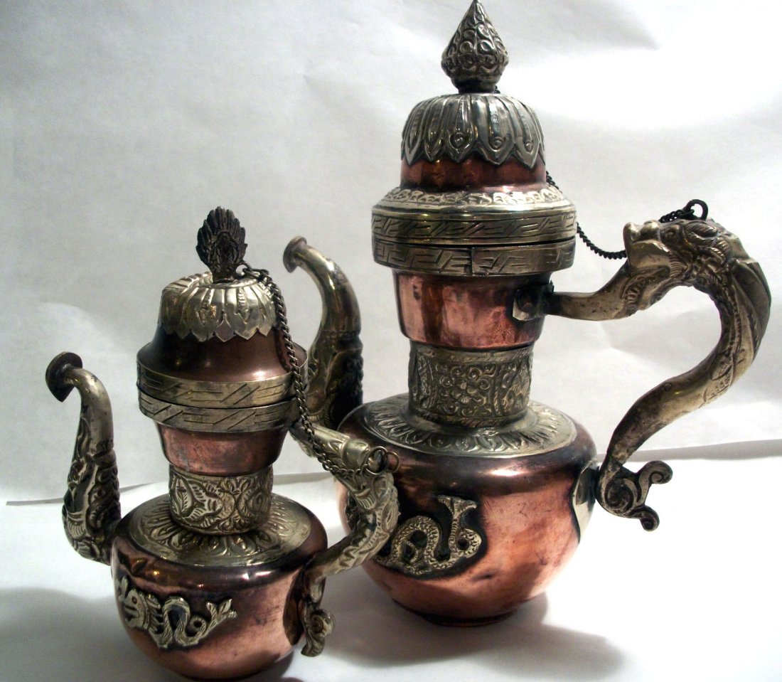 Two Tibet Nepal Dragon Copper & Silver Teapots: BK223, dimensions: large 9" by 5" small 6" by 4"