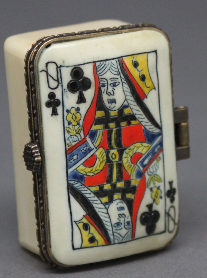 Playing Card Hinged Carved Bone Box: Dimensions: 1" H x 2" L, AF169