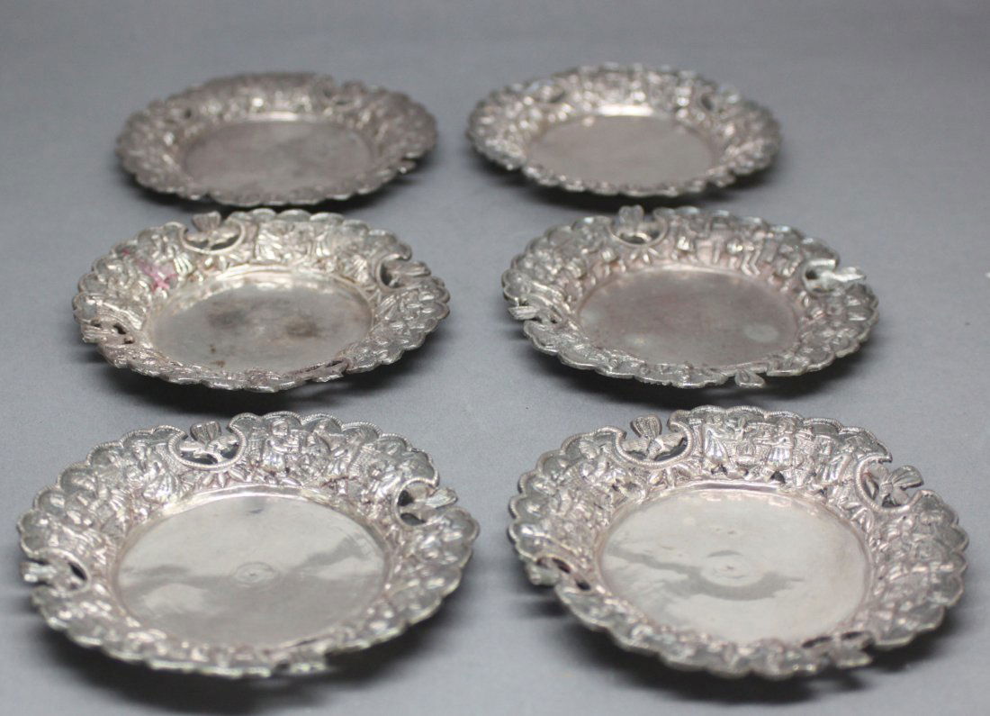 Set of 6 Antique Persian Silver Plates Engraved: From the personal estate of Massoume Mossadegh's who was Mohammad Mossadegh's granddaughter. weight 380 grams, Dimensions: 4 1/3" Diam, HK23