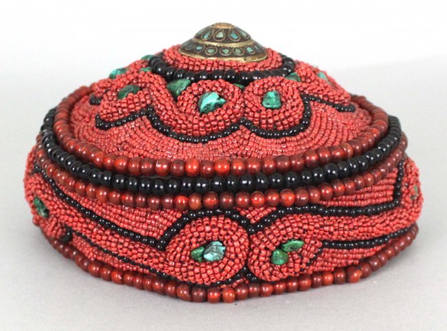 Nepal Ceremonial Turquoise & Coral Hat: Decorated with hundreds of coral beads and dozens of large turquoise nuggets, trimmed with rings of carnelian and onyx round beads, and topped with an inlaid metal crown, K2W10, 8" diameter