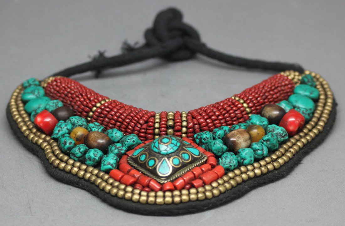 Nepalese Bead Necklace Turquoise Nuggets Coral: With many carnelian beads and other carved stones, 7.5"W, AF163 K3W01