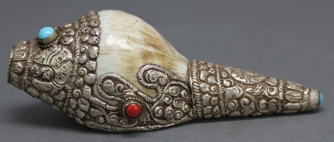 Nepalese Tibetan Silver Ceremonial Conch Shell Trumpet: 5" length, AF162, K1W79