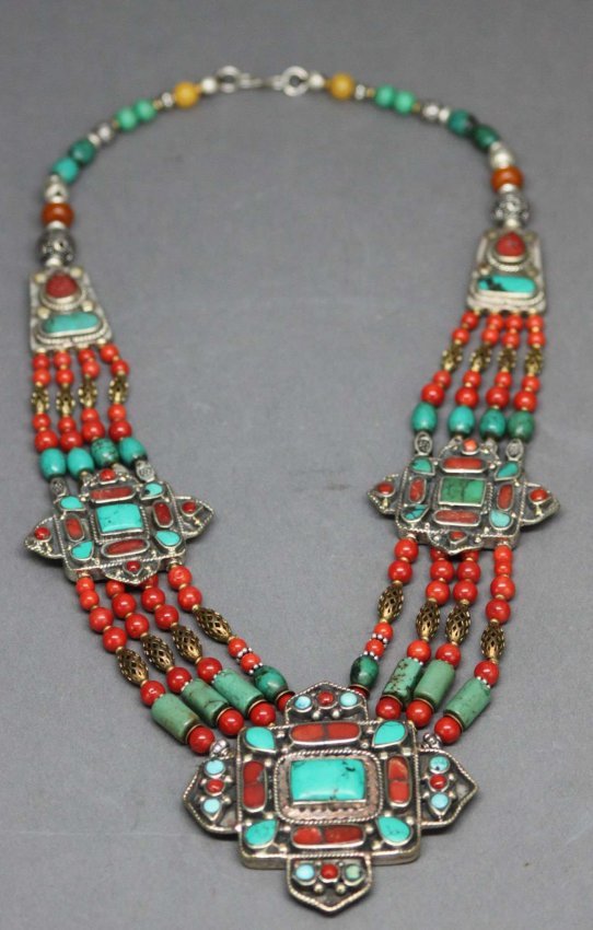 Nepal Handcraft Silver Necklace Turquoise Coral & Quart: Featuring a Large Pendant at the bottom, and two smaller ones on the sides, accented with turquoise & coral beadwork, 20" long, 1AF142