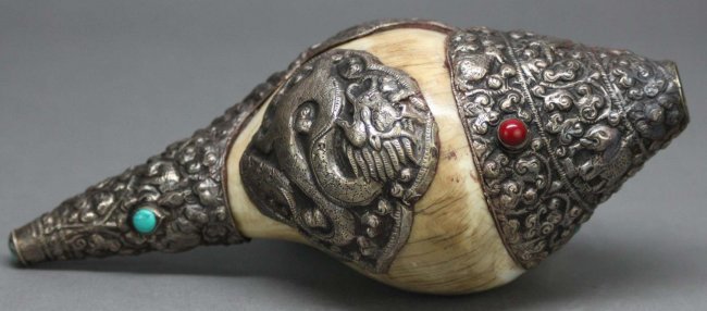 Nepalese Tibetan Silver Ceremonial Conch Shell Trumpet: With a large silver reliefs of a dragon, Inlaid with turquoise & coral beads, 8"L, 2AF121