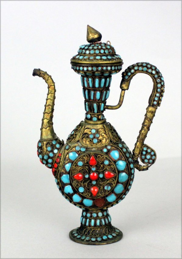 Vintage Nepal Inlaid Filigree Small Wine Pitcher: Beautifully crafted and inlaid with a mosiaic of fine turquoise and coral, 7" tall, HK021