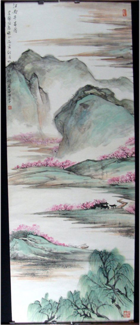 Chinese Pen & Ink Color Scroll Painting Mountain Scene: Dimensions: 54" tall by 21" wide, LC047 K15W1