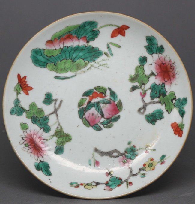 Chinese Porcelain Pedestal Bowl Goldfish & Flowers: Bats under the rim, 3 1/4"H x 5 3/4" Dia, TX157