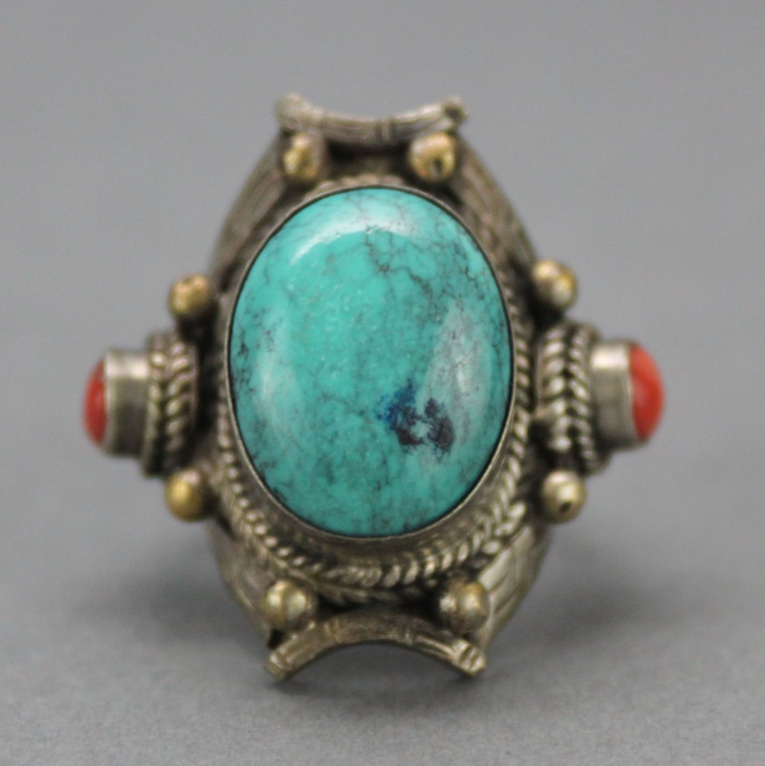Tibetan Nepal Handcrafted Silver Coral & Turquoise Ring: Size 8.75