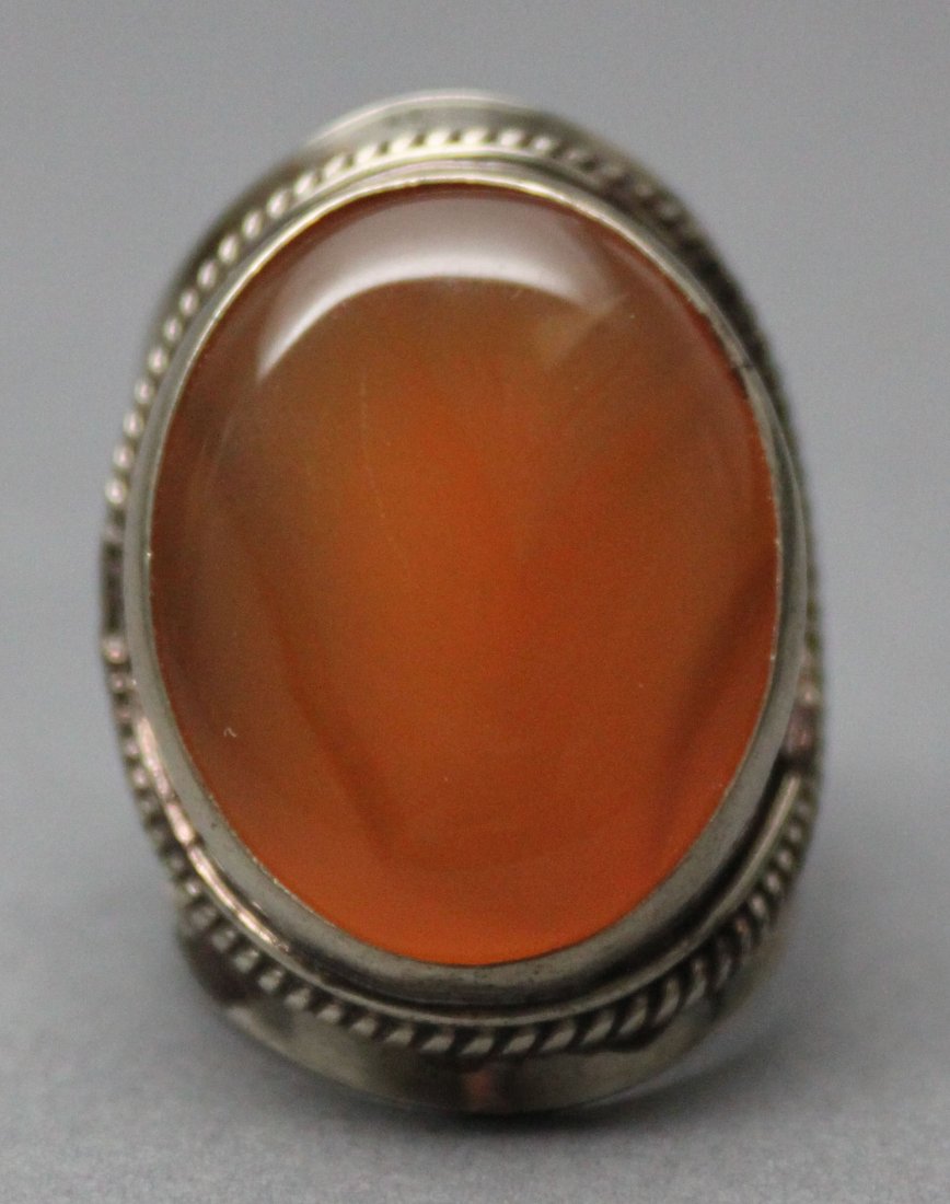 Tibetan Nepal Silver Ring Cabachon Orange Stone: Size 9.25