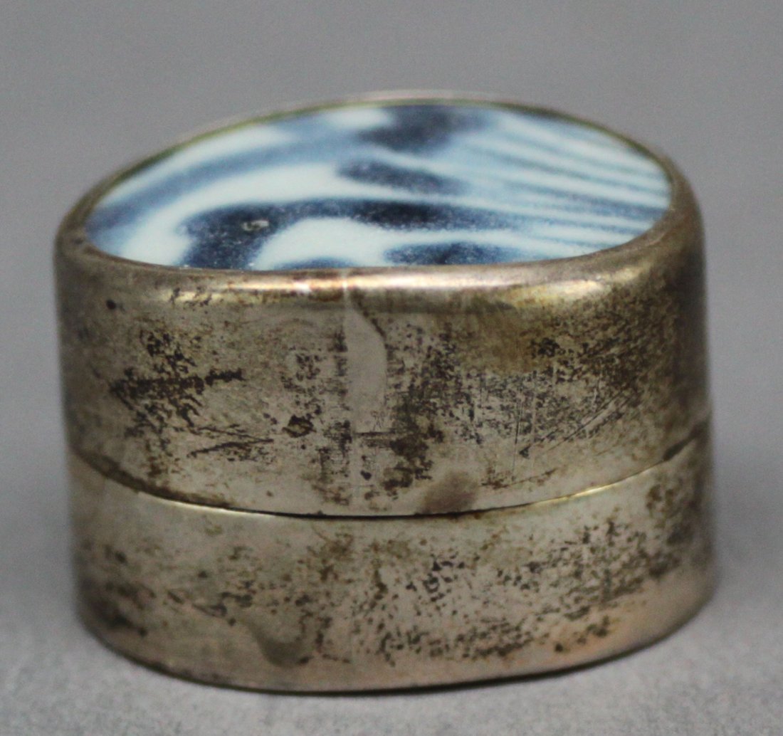 Sterling Silver & Porcelain Pill Box: Dimensions: 3/4" H, AF183