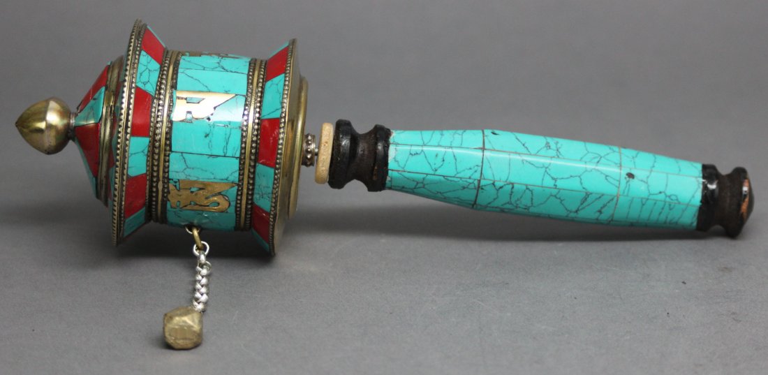 Nepal Ceremonial Hand Held Prayer Wheel: With a mosaic of turquoise & Carnelian, 9" Length, AF206