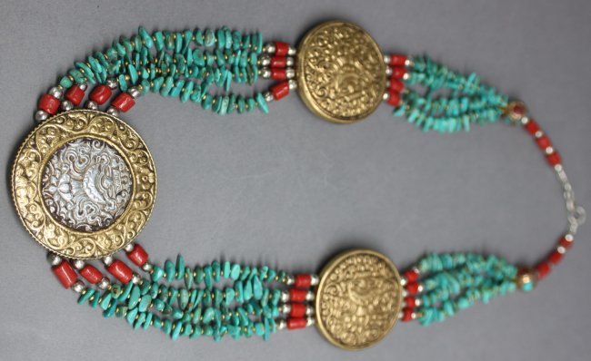Ornate Nepal Tibet Silver Necklace w Turquoise Nuggets: Dimensions: 23" length, AF192, K2W99
