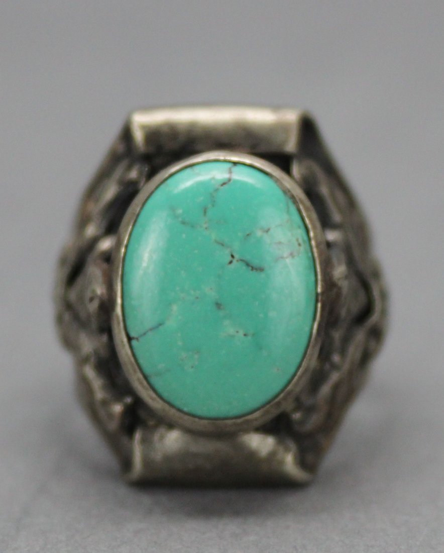 Tibetan Nepal Handcrafted Silver & Turquoise Ring: Size 9.5