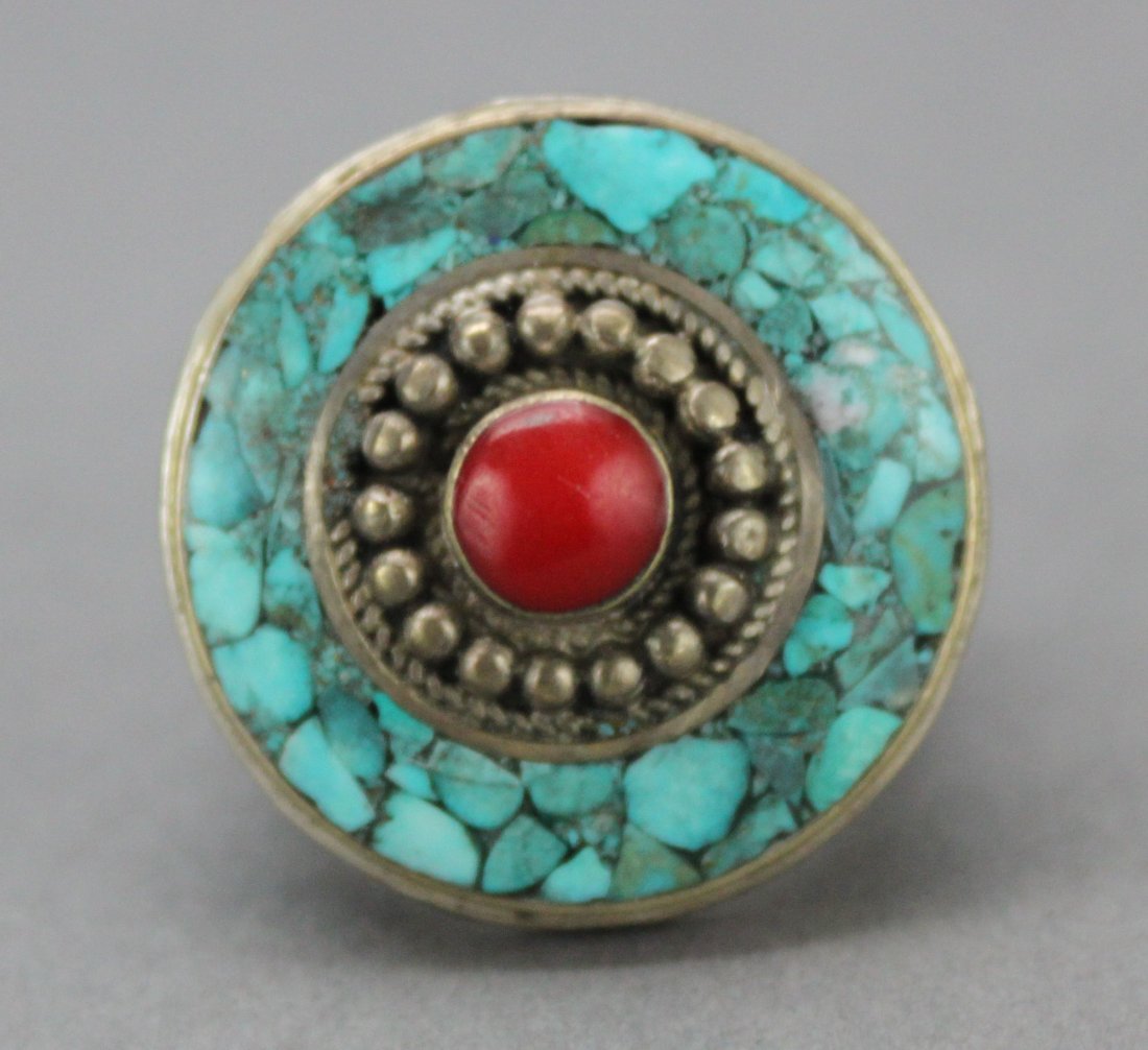 Tibetan Nepal Handcrafted Silver & Turquoise Ring: Size 9.25