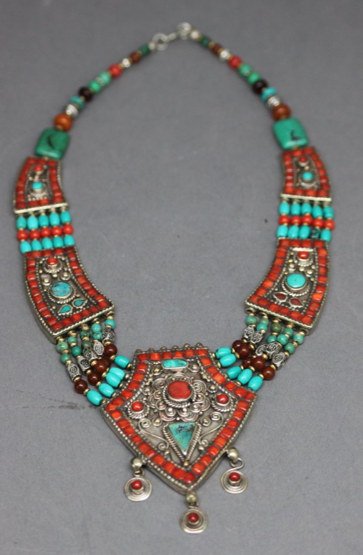 Ornate Nepal Tibet Silver Necklace Turquoise & Coral: 18" length, AF191, K2W99