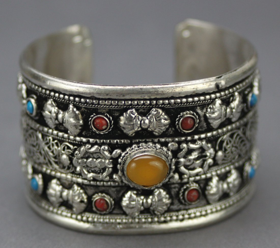 Tibetan Nepal Coral & Turquoise Silver Bracelet: Dimensions: 2.25", K6W1