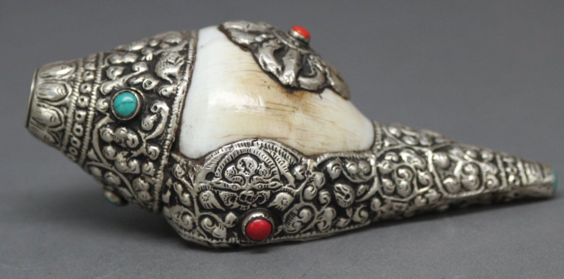 Nepalese Tibetan Silver Ceremonial Conch Shell Trumpet: 5" length, AF161, K1W79