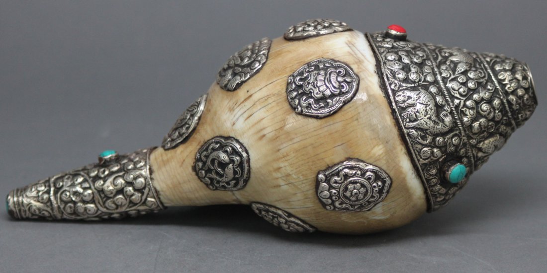 Nepalese Tibetan Silver Ceremonial Conch Shell Trumpet: 8"Length, AF151, K3W76