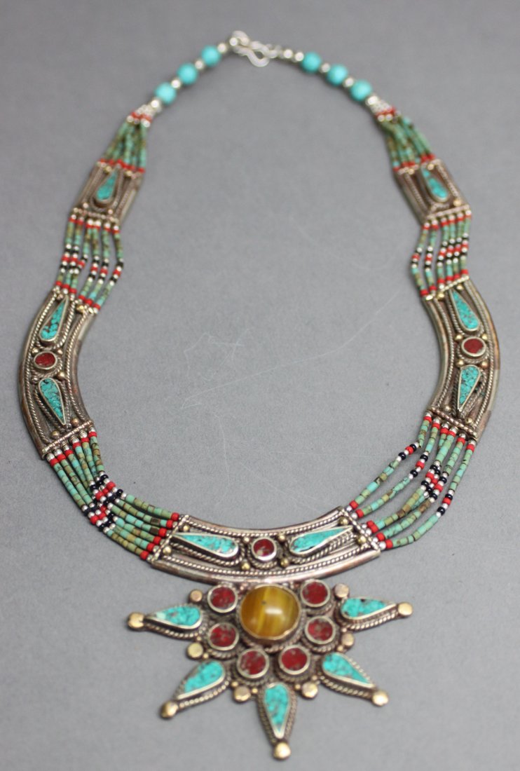 Ornate Nepal Tibet Silver Necklace Turquoise & Coral: 18.5" length, AF194, K2W26
