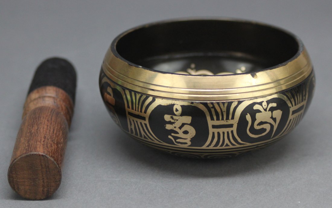 Nepal Tibetan Bronze Metal Etched Singing Bowl: dimensions 2.5" tall by 4.5" diameter, with wood tool