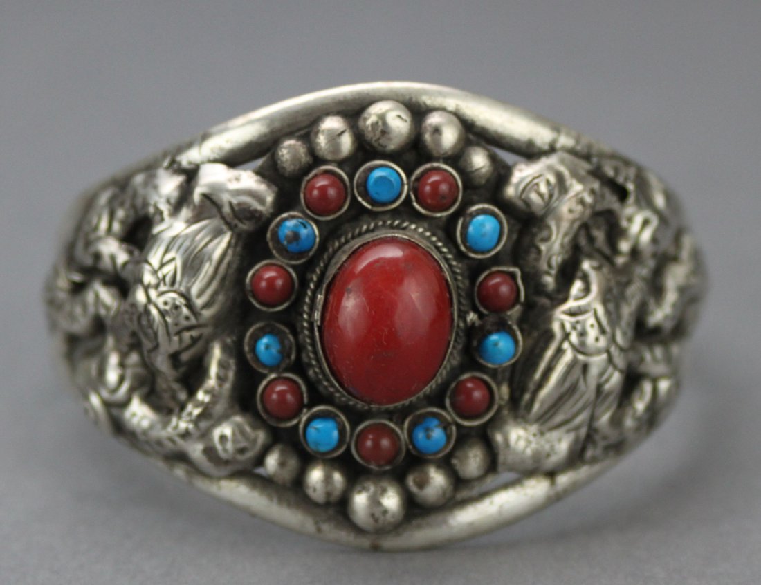 Tibetan Nepal Coral & Turquoise Silver Bracelet: Dimensions: 2.5", K6W1