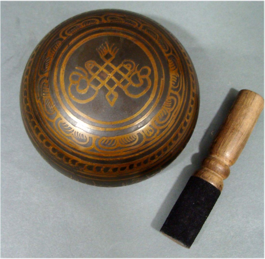 Nepal Tibetan Bronze Metal Etched Singing Bowl: Dimensions: 4.5" X 2.5"