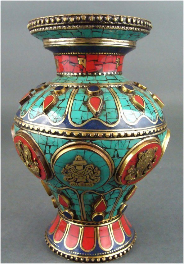 Nepal Globular Ceremonial Vase Inlaid Turquoise & Coral: Inlaid with Coral and Turquoise, beautiful handcraft. Dimensions: 6.5" by 5" TAK60W2