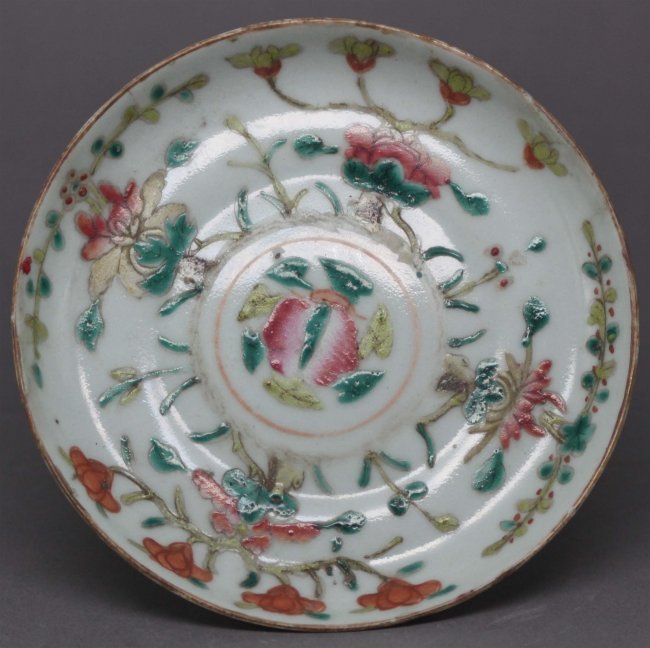 Chinese Porcelain Pedestal Bowl Pastel Flowers: Bats under the rim, Dimensions: 3"H x 5 1/2" Dia, TX158