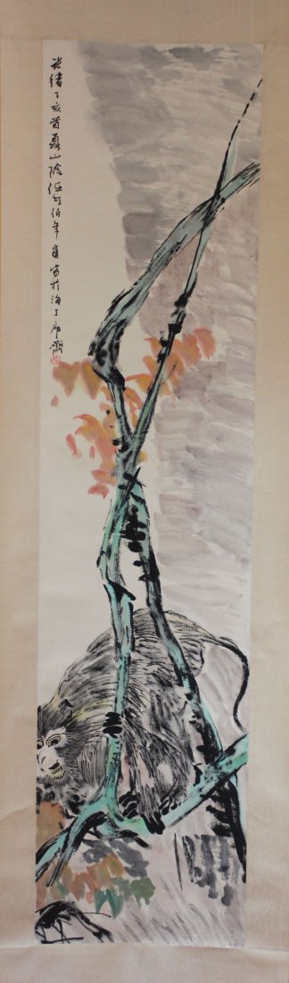 Chinese Pen & Ink Scroll Painting Monkey In Tree: Dimensions: 50.5" x 12" , WF5, K5W99