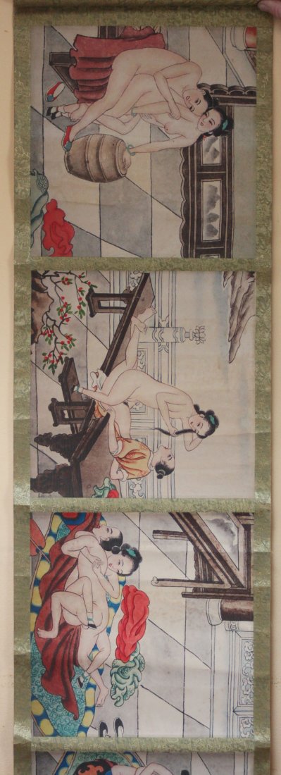 Chinese Pen & Ink Scroll Painting Shunga Erotic Scenes: Dimensions: 170" x 14.5", JW18