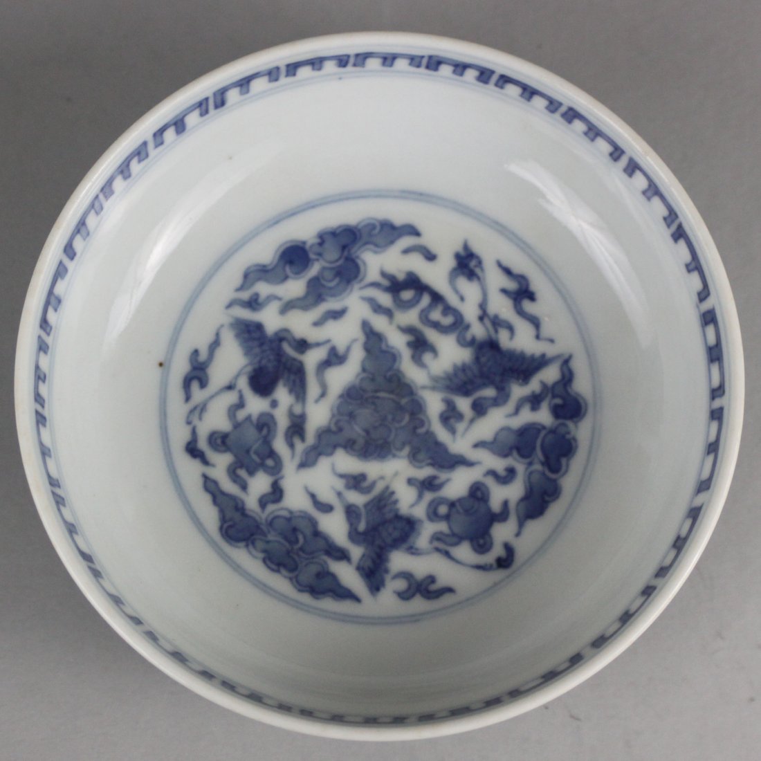 Chinese Blue & White Porcelain Pedestal Bowl: Depicting bats & phoenix birds in flight, LC76, 5" Diameter