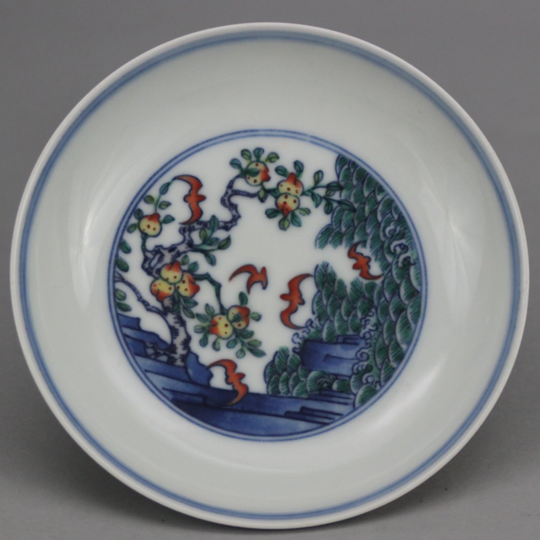 Chinese Porcelain Bowl with Bats & Pomegranate Tree: LC77, 4.5 in diameter