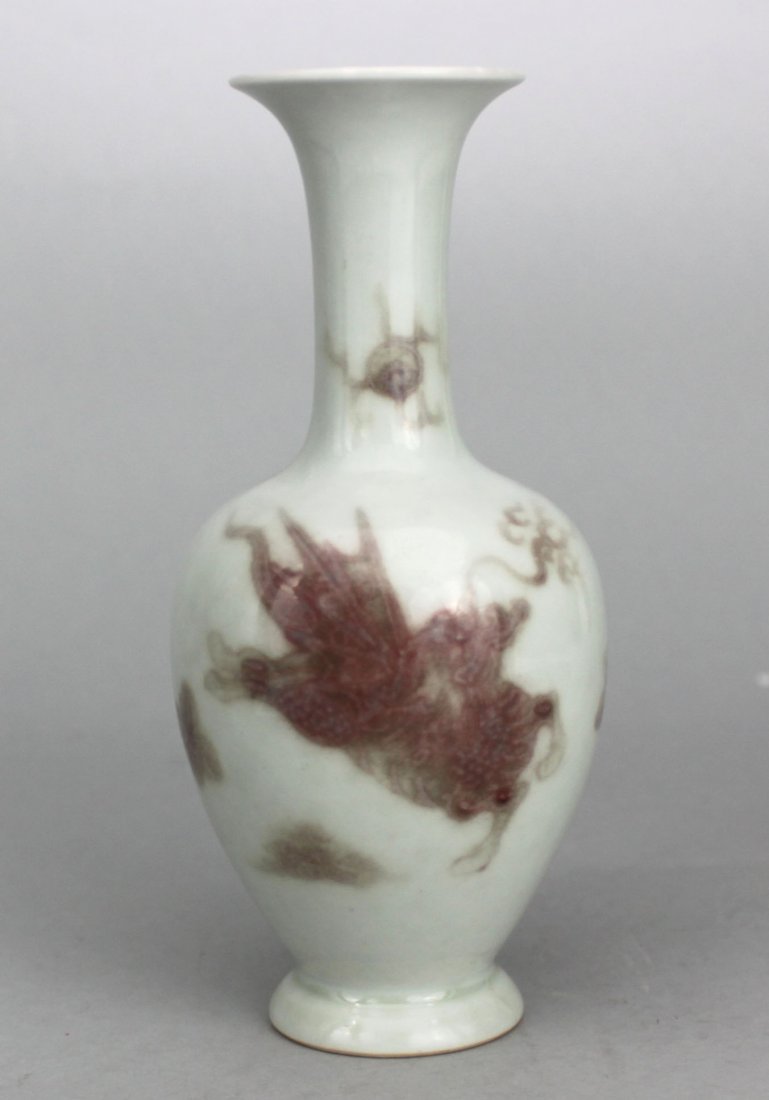 Antique Chinese Red & White Porcelain Bottle Vase: Depicting a Beast and bats, Dimensions: 7" x 3", DB1097