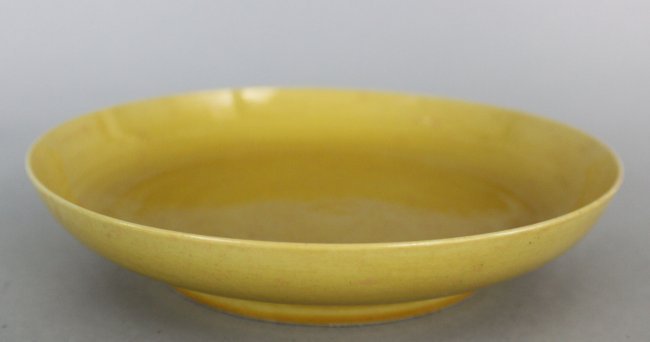 Old Chinese Porcelain Shallow Bowl Yellow Monochromatic: Dimensions: 8" Dia, DB1005