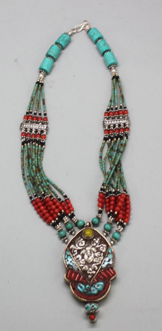 Nepal Necklace silver coral & turquoise beads & pendant: AM008 Necklace 16"