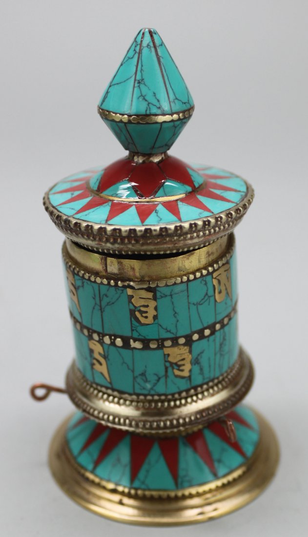 Nepal Desk Prayer Wheel Inlaid Turquoise & Carnelian: AM010 5" Tall
