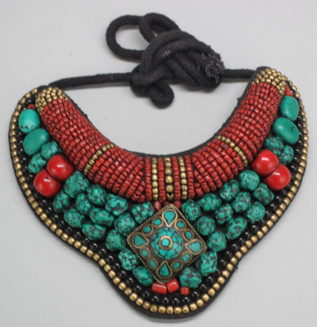 Nepal Ornate Breastplate Necklace Turquoise & Carnelian: AM029 7" wide