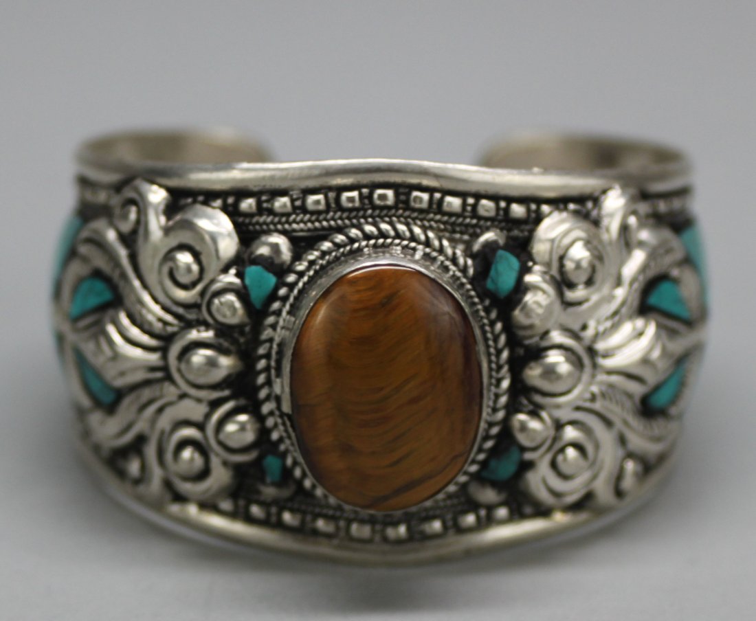 Nepal Silver Etched Bangle w Agate Canachon & Turquoise: AM036 3" Dia