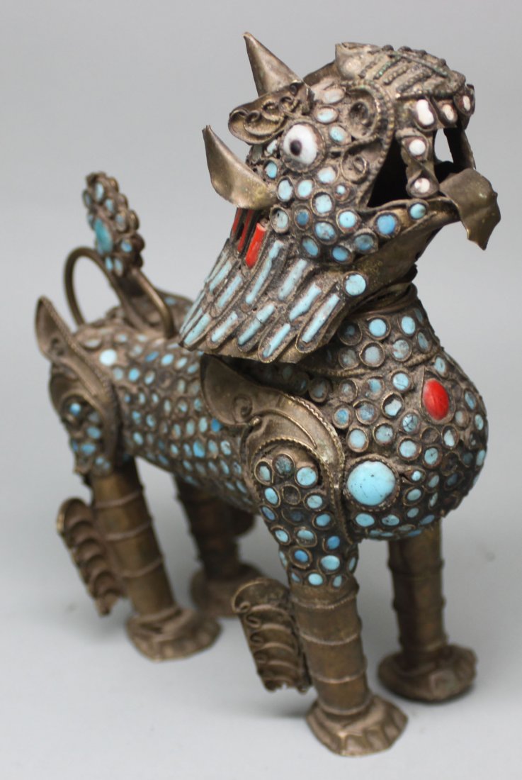 Nepal Antique Filigree Lion Figure Turquoise & Coral: Lion's Head moves, AM78, Dimensions: 7" tall