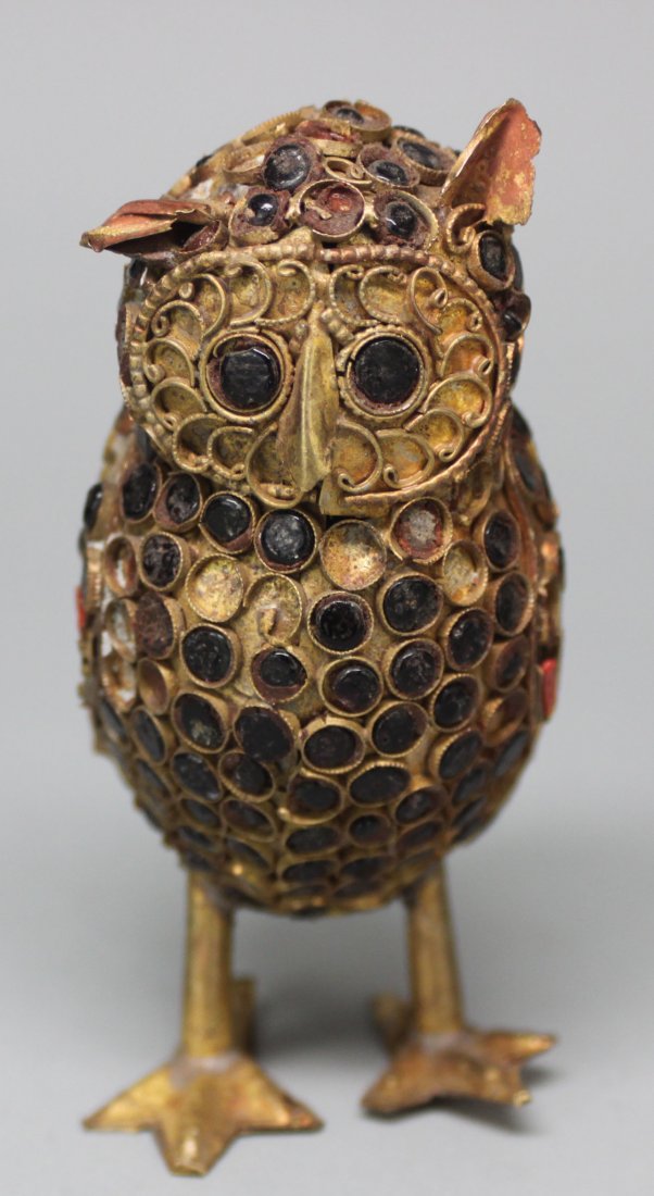 Nepal Antique Filigree Owl Figure w Coral & Onyx: AM69, Dimensions: 4" tall