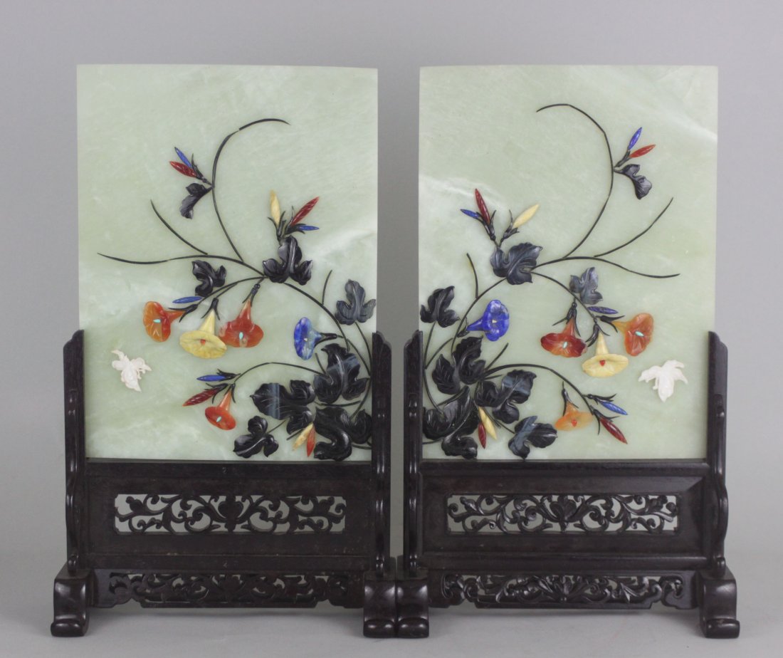 Chinese Pair Old serpentine Jade screens Birds & Roses: Dimensions: 15.5" H x 10.5" W, DL02