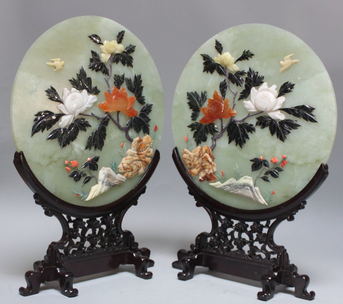 Chinese pair old serpentine jade screens Roses & Bird: Dimensions: 18.25" Tall, DL03