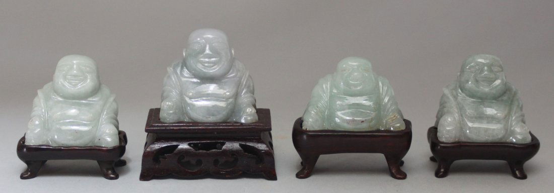 Set of FOUR Antique Burmese Jade Buddha Figures: Each with a wood stand, Dimensions: 2.5" Tall each, DL11