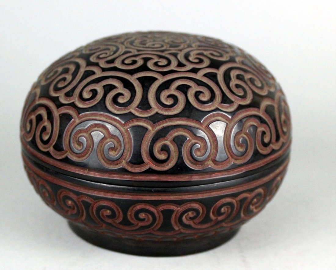 Chinese Antique Etched Cinnabar Round Lidded box: Dimensions: 6" Diameter, DL25