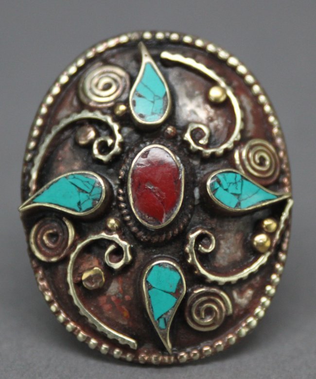Nepal Tibet Ring Inlaid Turquoise & Coral: Size 10, AF195