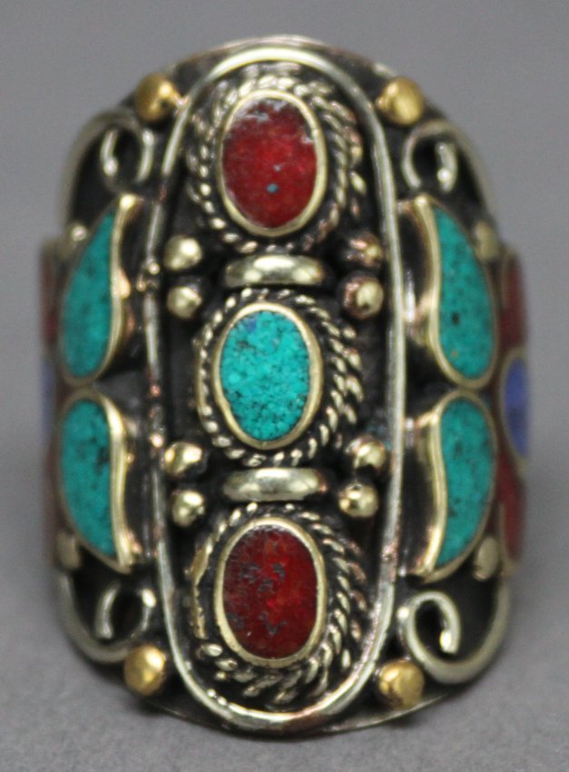 Nepal Tibet Ring Inlaid Turquoise & Coral: Size 9.75, AF197