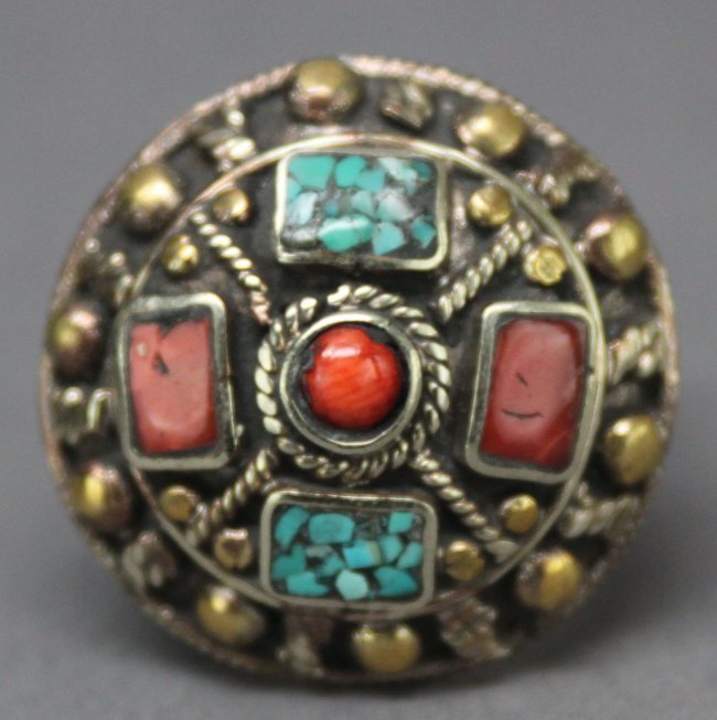 Nepal Tibet Silver Ring Inlaid Turquoise & Coral: Size 10.25, AF200