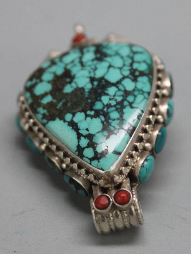 Nepal Sterling Silver Heart Gau Pendant Turquoise & Cor: AM035 3" X 2"